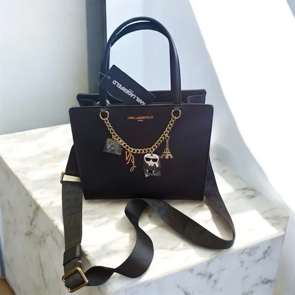 Karl Lagerfeld Paris Black Satchel with Gold Accents and Charms - Picture 1 of 7